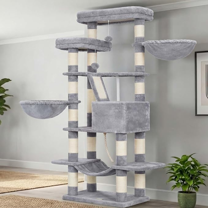 Heybly Cat Tree, 68 inch Multi-Level Cat Tower for Indoor Cats HCT025W | Cat Condo with 2 Widened Plush Perches, 2 Cozy Baskets, Scratching Board and Big Caves, Light Gray