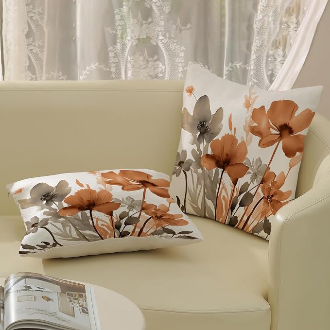 Floral Pillow Covers 18x18 Inches Set of 2 Brown Orange Floral Throw Pillow Covers Outdoor Rustic Orange Flower Decoration Pillowcase Farmhouse Decorative Linen Cushion Cover For Home Sofa Couch