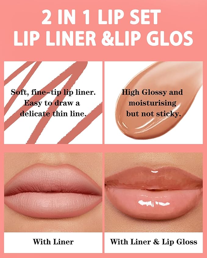Matte Nude Lip Liner Lipstick&Hydrating Glow Lip Oil Lip Combo Set,Moisturizing Plumping Lips Gloss&Smooth Lipliner Liquid Lipstick Long-Lasting,2 in 1 Women Tinted Red Liptint Stain Balm Makeup -04