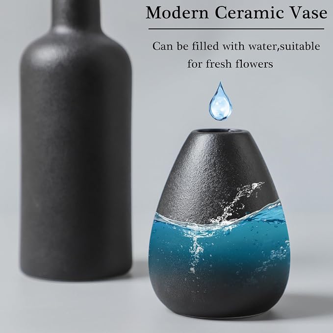 CEMABT Black Ceramic Vase Set - 4 Small Unique Vases for Flowers, Modern Decorative Centerpieces and Home Decor