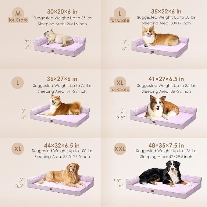 EHEYCIGA Orthopedic Dog Bed Medium Size, Memory Foam Dog Bed, Lilac | Small Dog Sofa with Washable Removable Cover, Waterproof Pet Couch for Crate with Nonskid Bottom, 30x20x6