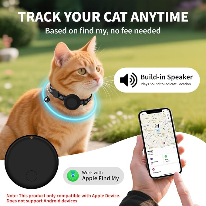 GPS Tracker for Cats (1 Pack), Mini GPS Cat Tracker, Smart Pet Activity Tracker, No Monthly Fee, Compatible with Apple Find My(iOS Only), Anti-Lost, Finder Tag for Vehicles, Pets, Kids, Items