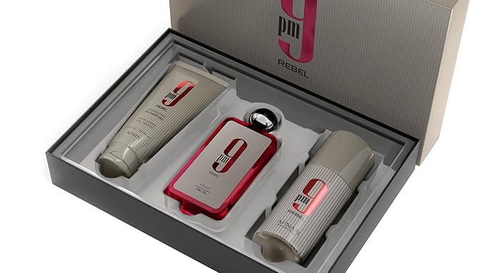 Afnan 9 PM Rebel Unisex Luxury Perfume Gift Set – Eau De Parfum (3.4 Oz), Deodorant (5.0 Oz), Shower Gel (5.0 Oz)