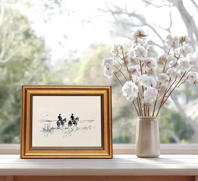 Western Cowboy Gold Framed Wall Art Minimalist Sketch Wall Decor Art | Vintage Horse Landscape Pictures Canvas Art Modern Southwest Small Framed Prints Artwork For Bookshelf Bedside Tables Foyer