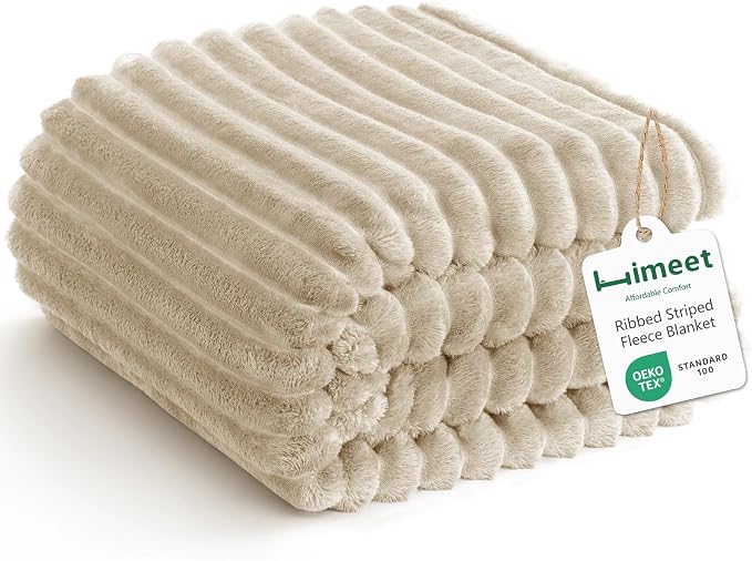 HIMEET Linen Full Size Blanket for Bed, 300GSM Ribbed Fleece, 84 x 90 in | Ultra Soft Flannel, All-Season Lightweight Warmth, Bed Layering & Home Room Decor, Gift for Men & Women, Machine Washable