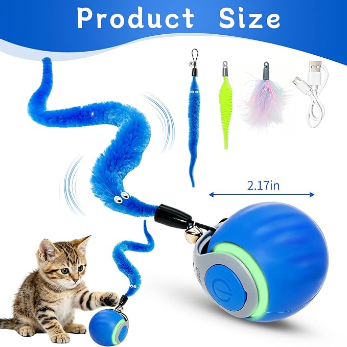 Interactive Cat Toy Ball - Automatic Moving Cat Ball for Indoor Cats with 3 Tails, Rechargeable Silent Kitten Toy for Boredom & Exercise, Rolling Ball Toy with 2 Modes & 2 Speeds.