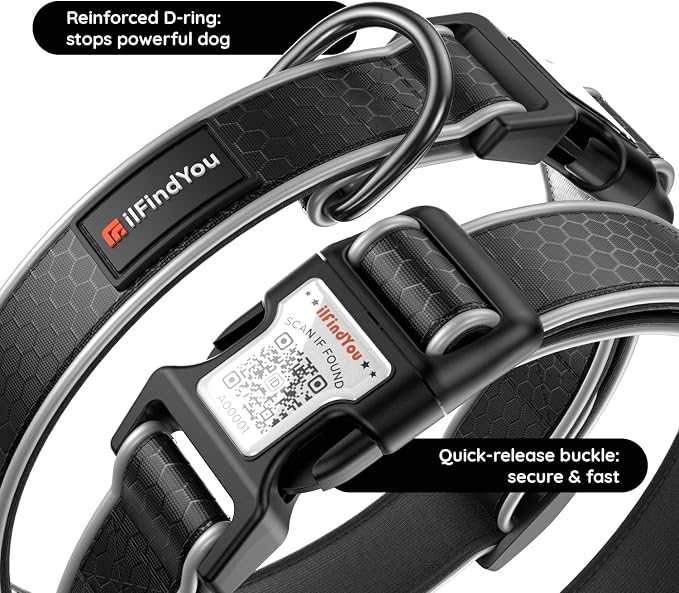 Personalized Dog Collar with QR Code Dog Tag, Oxford Black M | Anti-lost, Oxford, reflective, padded, XS-L(8"-24"), QR buckle shares lost pet profile, location alerts when scanned, No Fees
