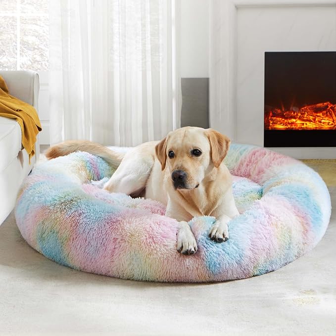 Western Home Calming Donut Large Dog Bed Pet Bed,36" Rainbow | Fluffy Faux Fur Round Cuddler,Anti-Anxiety,Anti-Slip Bottom,Plush Round Pet Dog Beds for Large Sized Dogs,Up to 80 LBS