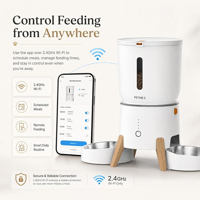 Dual Bowl Automatic Cat Feeder - 5L WiFi Smart Elevated Cat Feeding Station with App Control, Voice Recording, Dual Power Options, Stainless Steel Cat Bowls & Anti-Jam Technology for Small Dogs