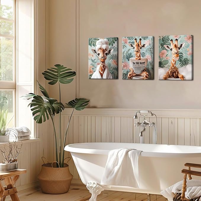 Funny Animal Bathroom Wall Art Set of 3, Cute Giraffe in Toilet Reading Newspaper Wall Decor Paintings Eclectic Giraffe Bathroom Canvas Prints Artwork 16x24 inch Framed
