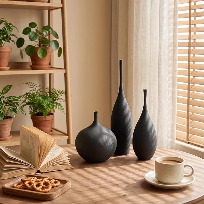 Black Ceramic Vases Set of 3, Modern Boho Vases for Centerpiece Decor, Matte Minimalist Decorative Vases for Home Decor, Living Room, Bookshelf, and Entryway Table Decor
