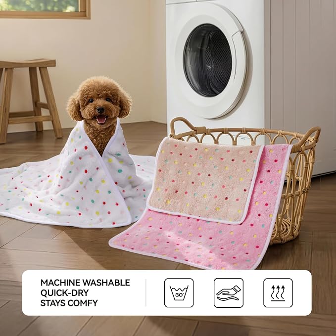 LINENLUX Dog Blankets 3-Pack, Super Soft Fluffy Fleece Pet Throw Warm | Premium flannel fleece pet throw for cats, puppies. Cozy warm for bed, crate, or couch naps; Polka Dot-3pcs 23x16 inch