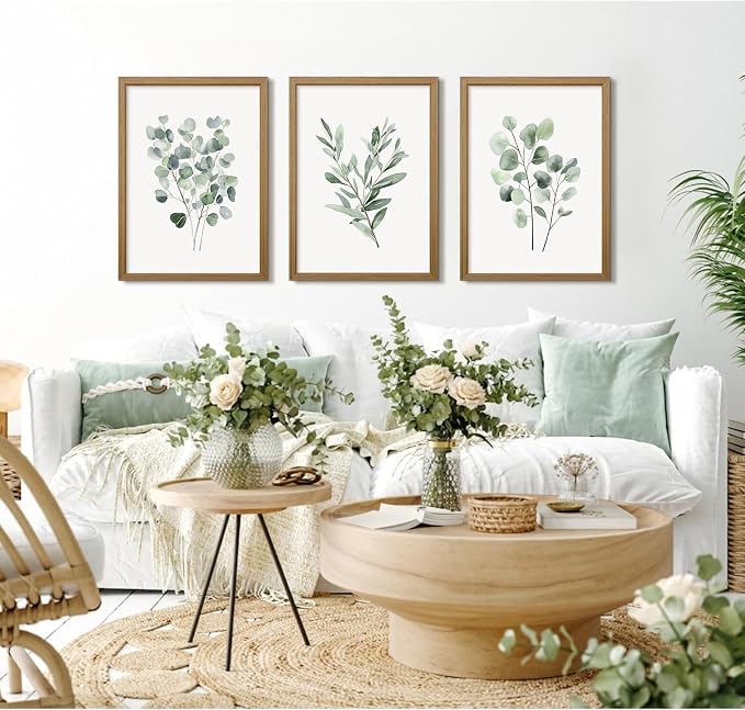 Botanical Wall Art Sage Green Canvas Wall Decor Eucalyptus Art Watercolor Plant Pictures Green Botanical Prints Minimalist Leaf Painting Set of 3 for Bathroom Living Room 16x24 Inch Wood Framed