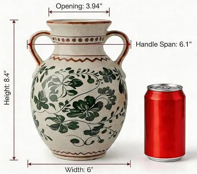 EFISPSS Ceramic Vintage Vase Decorative Spring Decor Chinese Crackle Floral Handle for Dining Room Living Room Green