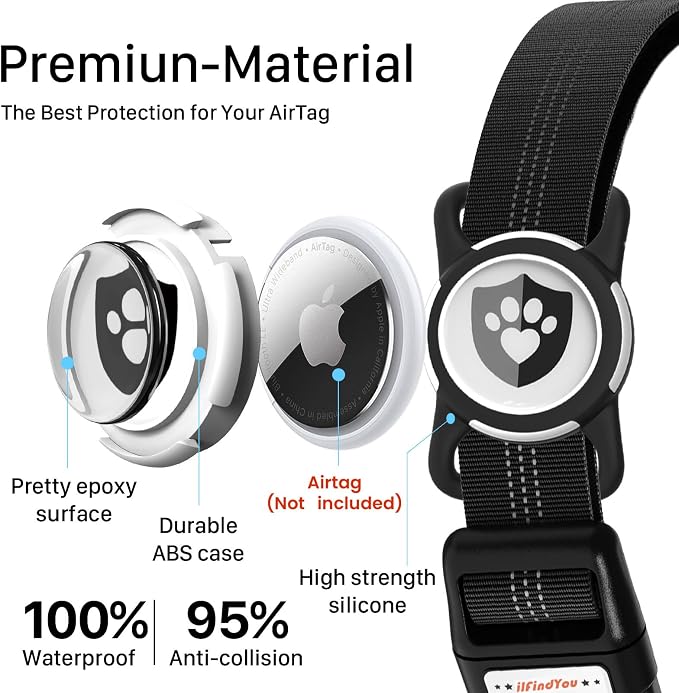 Waterproof AirTag Dog Collar with QR Code Dog Tag, Black M | IP68 waterproof, QR code dog tag, Anti-Lost, Online profile, fits XS-L (8"-26"), Padded nylon, Reflective, No App, No Fees