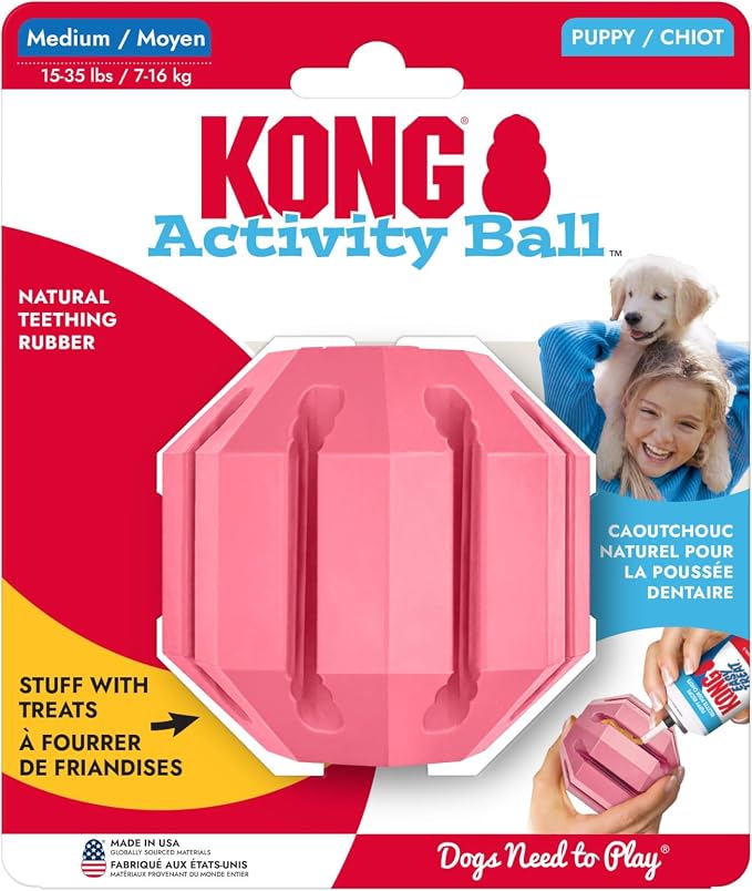KONG Puppy Activity Ball, Natural Rubber Teething Toy, Medium Puppies, Pink