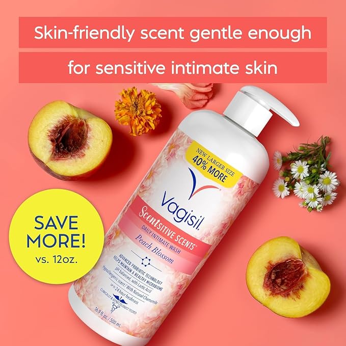 Vagisil Feminine Wash for Intimate Area Hygiene, Scentsitive Scents, pH Balanced and Gynecologist Tested, Peach Blossom, 16.9 oz with Pump