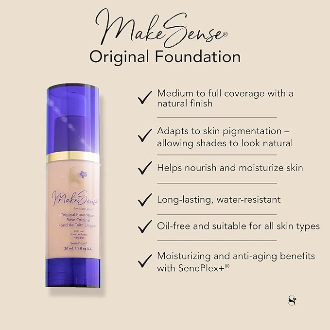 SeneGence MakeSense Original Foundation, Suede, 1 Fl Oz, Long-Lasting Oil-Free Formula with Skin-Nourishing Ingredients, Water-Resistant