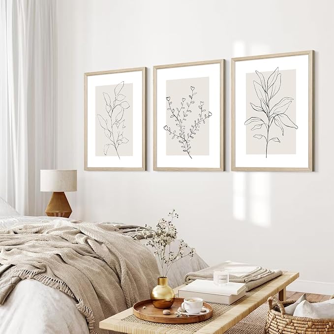 Neutral Botanical Prints Wall Art Decor Plant Minimalist Canvas Pictures Vintage Beige Wall Art Modern Farmhouse Line Poster Boho Abstract Painting Artwork for Bedroom 12x16 Inch Framed Set of 3
