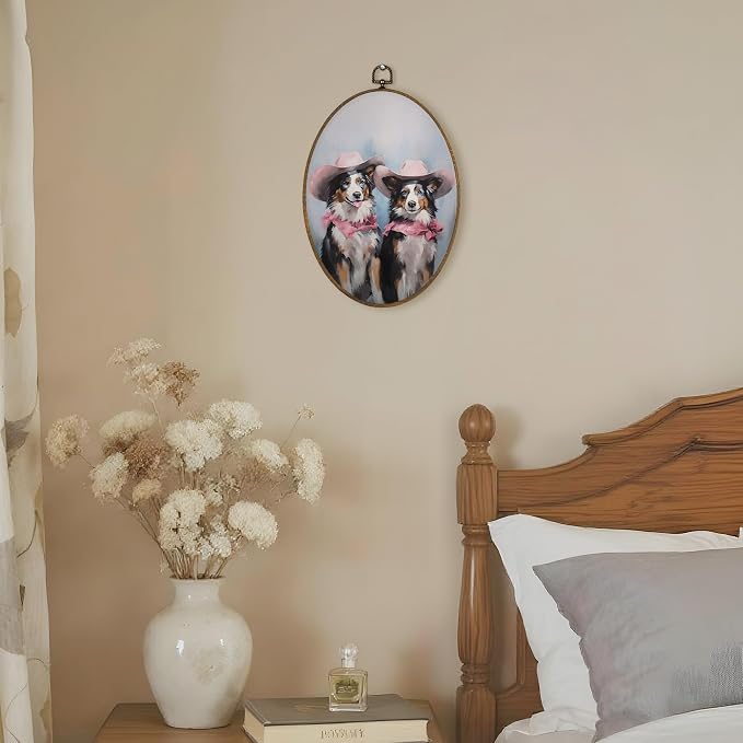 LKETW Vintage Western Australian Shepherd Oval Wall Art Decor, Pink Cowgirl Aussie Dog Oval Canvas Hanging Decor, Australian Shepherd Gifts Wall Decorations for Girly Bedroom Room Home, 8.6x11.4 Inch