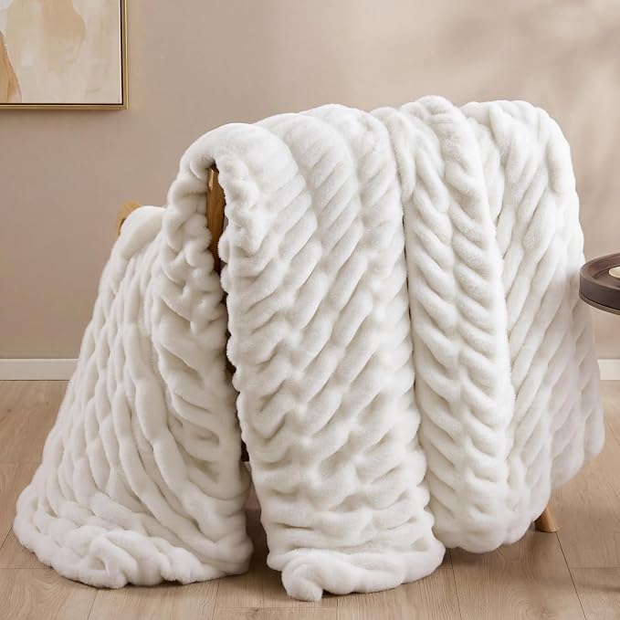 Cream White Fluffy Blanket for Couch -Luxury Faux Rabbit Fur 60"x80" | Ultra Soft & Plush Comfort Ruched Blanket, Cozy Fuzzy Fleece Throw for Sofa, Bed & Office, Gift for Women, White Room Decor