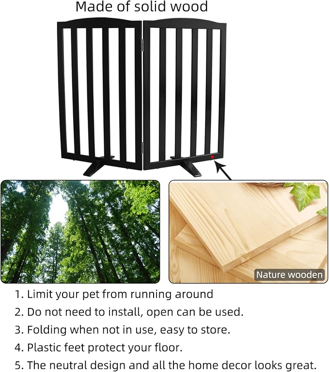 ZJSF Foldable Freestanding Indoor Dog Gate for House Wood Long Pet Gates Dog Fence for Stairs Puppy Gates for Hallways, Puppy Gate,Support Feet Included, Black, 32 "Height-2 Panels