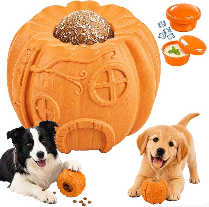 Dog Treat Toys, Pumpkin-Shaped Dog Treat Ball, Dog Frozen Treat Toy with 2 Freeze Bowls, Dog Toy Treat Dispenser, Dog Enrichment Toys, Fillable Slow Feeder and Lick Bowl for Dogs Set