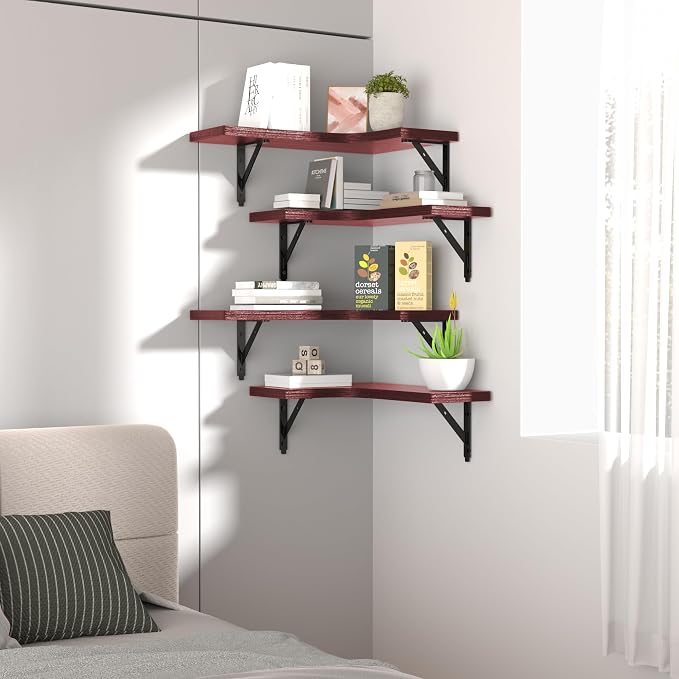 ROMGUAR CRAFT Corner Floating Shelves Wall Mounted Set of 4, Rustic Wood Storage Display Shelves for Home Decor, Bathroom, Kitchen, Bedroom, Living Room, Office (Red)