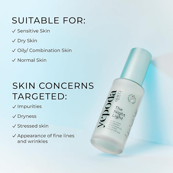 Yepoda The Night Light, Oil-Free Soothing & Clarifying Night Moisturizer with Aloe Vera, Mugwort & Niacinamide, Hydrating Vegan Korean Facial Moisturizer for All Skin Types, 1.69 FL. OZ. (50 ml)
