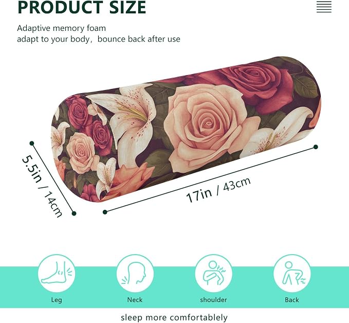 Roses and Lily Flowers Neck Roll Pillow Bolster Round Health Memory Foam Long Cervical Cylinder Pillows with Removable Washable Cover for Body Bed Legs Back Yoga