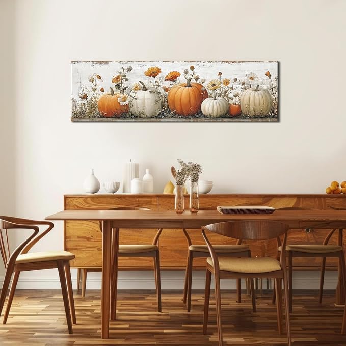 Large Pumpkin Wall Art Fall Wall Decor Farmhouse Kitchen Pictures Wall Decor Autumn Pumpkins Leaves Canvas Prints Painting Rustic Botanical Poster Artwork for Bedroom Living Room Decoration 14x48”