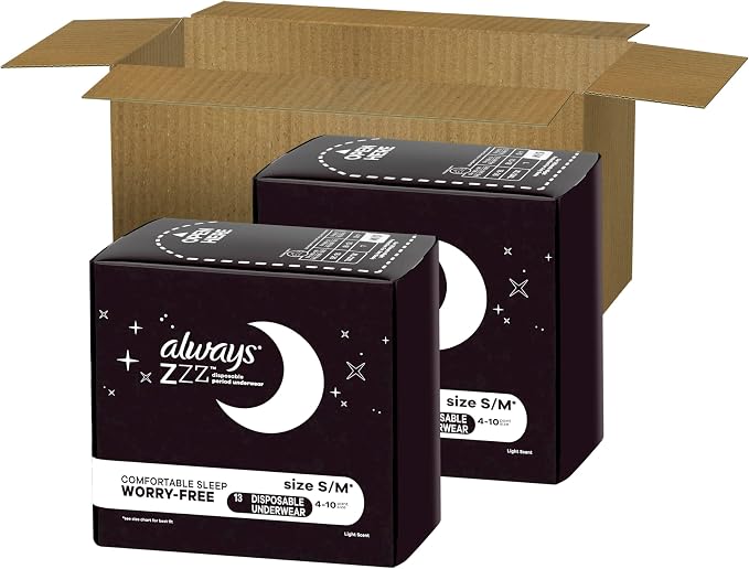 Always ZZZs Disposable Period Underwear, Size S/M, Absorbs 5X More Than an Ultra Thin Overnight Pad, Comfortable Sleep Worry-Free Nights 26 Count