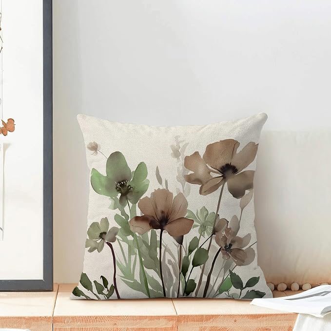 Spring Floral Pillow Covers 16x16 Inches Set of 2 Sage Green Brown Floral Throw Pillow Cover Outdoor Rustic Summer Flower Decoration Pillowcase Farmhouse Decorative Cushion Cover For Home Sofa