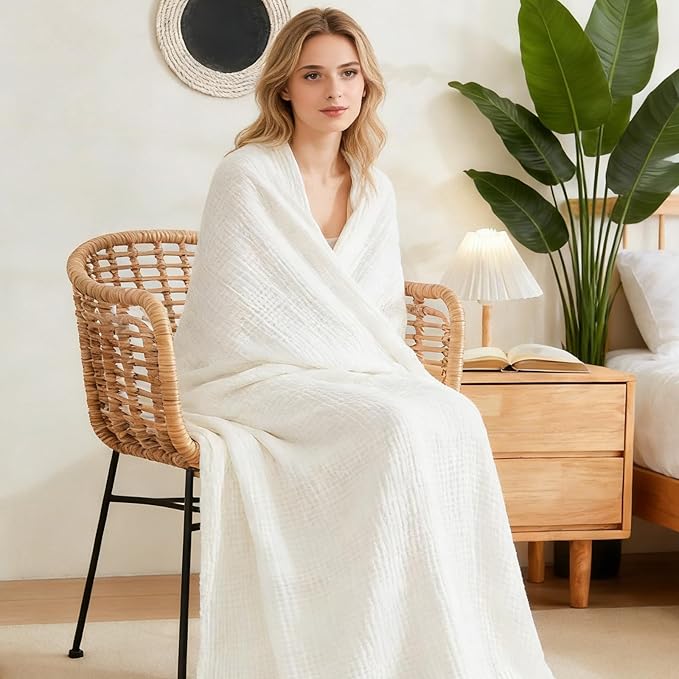 EMME Muslin Blankets for Adults Throw Blanket for Couch Breathable Gauze Soft Lightweight Airy White Throw 50" x 60"