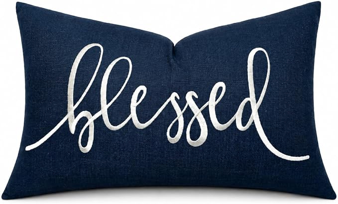 EURASIA DECOR Blessed Embroidered Lumbar Pillow Cover 12x20, Navy Blue | Raised ivory script on navy blue; scripture faith gift, cotton, hidden zip, solid back, cover only
