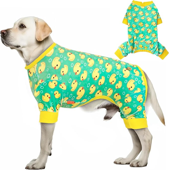 KYEESE Velvet Dog Pajamas for Medium Large Dogs Soft Onesie, Yellow Duck | 4-Way Stretch, Lightweight & Breathable, Reduces Shedding, Gentle on Sensitive Skin, Recovery Support, Easy Potty Breaks