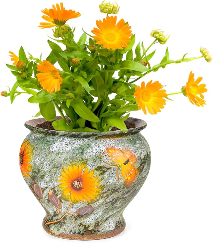 Sungmor 9 Inch Hand Painted Ceramic Succulent Plant Pots - Green & Daisy | Vintage Decorative Pottery Planters for Indoor Outdoor Plants, Table Centerpieces & Flower Arrangement Home Decor