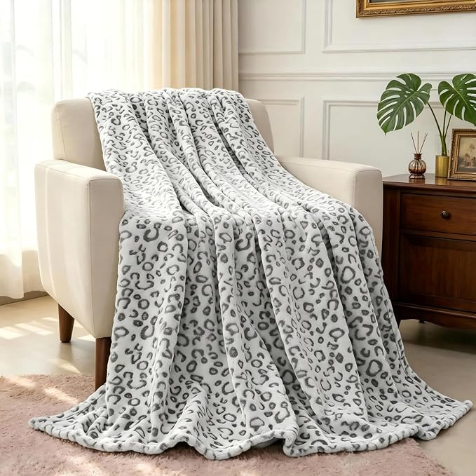 Flannel Fleece Throw Blanket, Lightweight Cozy Plush Microfiber Bedspreads for Adults,60"X80",Grey Leopard