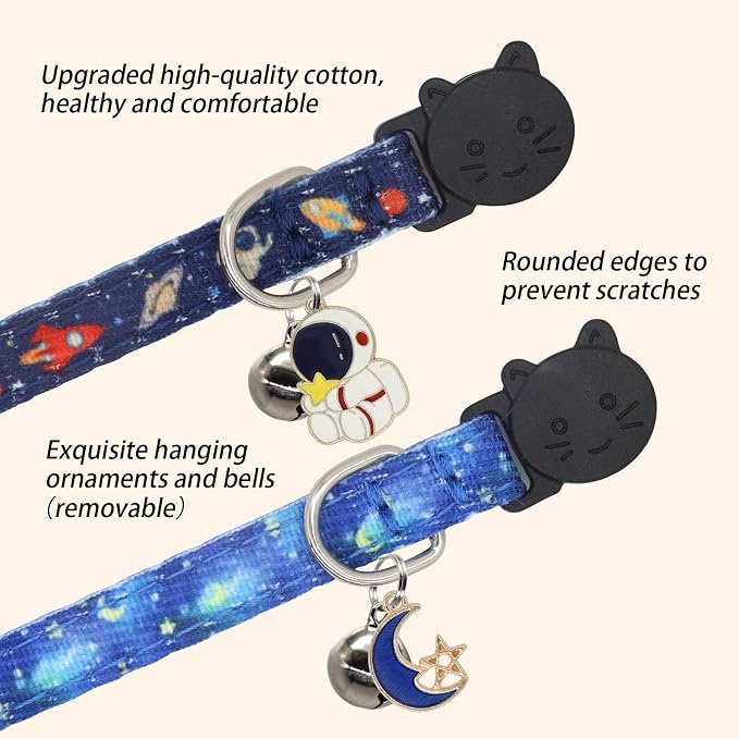 Cat Collar Breakaway, 2 Pack Cotton Kitten Collars with Bells and Removable Charms, Cute Astronaut Shaped for Indoor Boy, Girl and Adult Cats