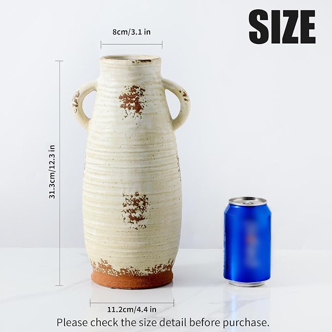 Ceramic Flower Vase with Handles, 12.3 Inch Tall Vase for Centerpieces, Large Decorative Terracotta Vases, Farmhouse Rustic Vases for Home Decor, Living Room, Table, Neutral