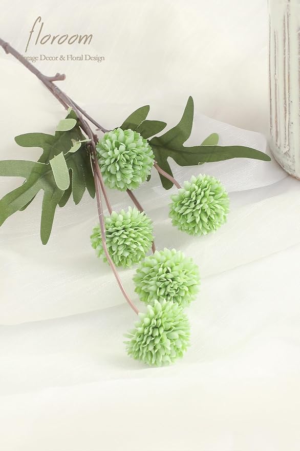 5pcs Elf Green Faux Silk Mums Artificial Flowers, Bulk Fake Small Mini Chrysanthemums with Stems for DIY Sage Green Wedding Centerpieces Floral Arrangements Vase Fillers Home Decorations