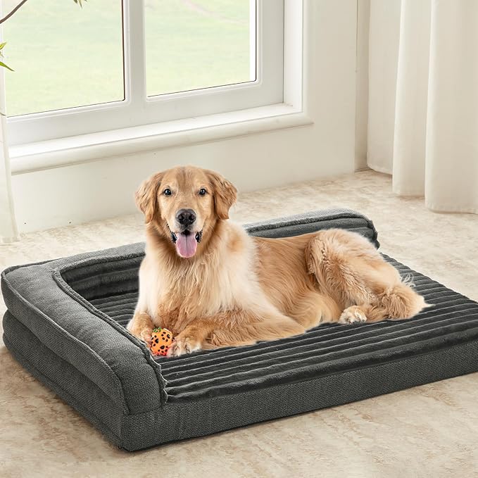 WINDRACING Orthopedic Dog Beds for Large Dogs 40x28 inch, L Shape Waterproof Dog Bed with Bolster Sides, Washable Big Pet Bed with Removable Cover & Non-Slip Bottom, Gray