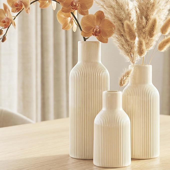 Beige Ceramic Flower Vases Set of 3, Modern Smooth Ribbed Texture, Nordic Minimalist Decor for Pampas, Dried & Fresh Flowers, Centerpiece for Living Room, Shelf, Entryway, Wedding