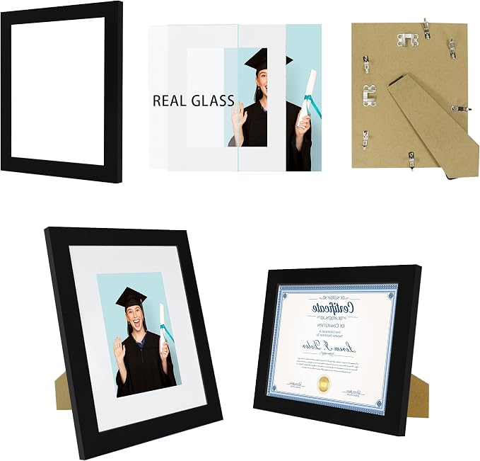 Hongkee 8.5 x 11 Picture Frame Set of 4, Made of Real Glass and Black Certificate & Diploma Frame, 8.5 by 11 Photo for Wall or Tabletop - Display Picture 6x8 with Mat or 8.5x11 Without Mat