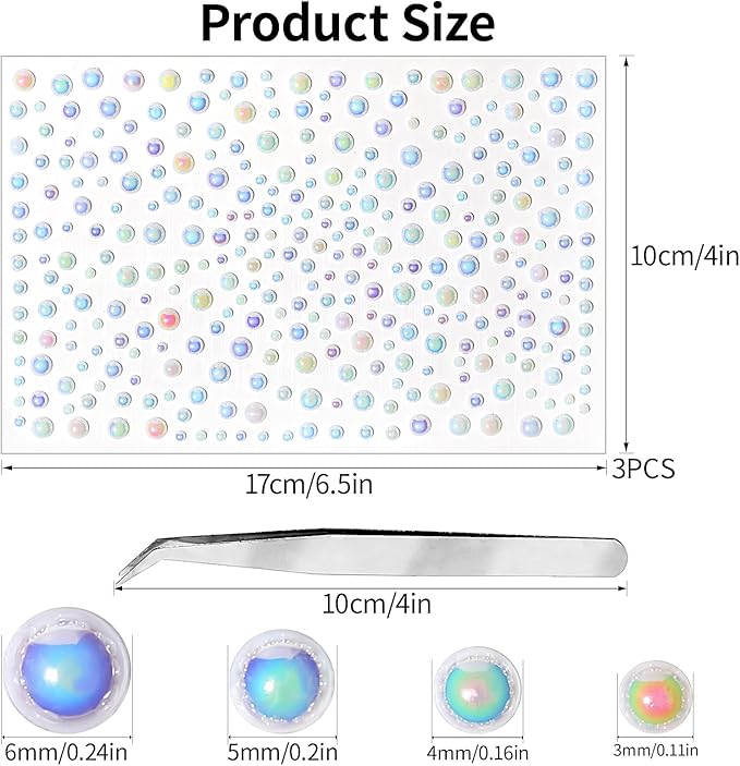 975PCS Gem Stickers Jewels for Crafts Face Gems 3/4/5/6MM Hair Nails Craft DIY Decor Makeup Stick on Body Crystal Clear Crystal Face Jewels for Women Face Gems Dtick On（White）