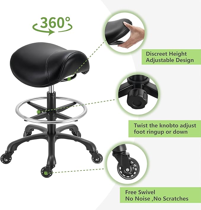 Saddle Salon Stool with Footrest,Heavy Duty, Adjustable Height, Rolling Esthetician Chair for Tattoo Spa Medical Dentist Clinic (Black)