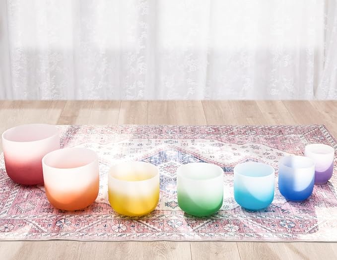 432Hz 6-12 Inch Set of 7 Quartz Crystal Singing Bowls with Gradient Colored Design, 2 Travel Carry Case Bags and Resonance Striker for Meditation and Sound Therapy