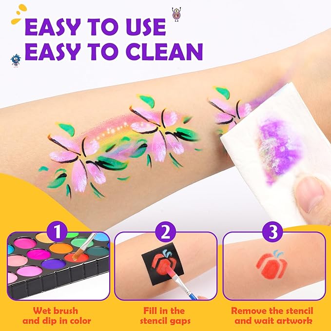 Face Painting Kit for Kids, 24 Colors Water Based Non-Toxic Face Paint with Stencils & Brushes, Professional Body Makeup Set with Guide Book, Washable Face & Body Paint for Halloween Birthday Parties