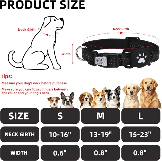 PUPTECK Airtag Dog Collar, Reflective with QR Code Buckle, Waterproof AirTag Holder Outdoor Tracking Pet Collars, Adjustable Soft Padded Durable for Small Medium Large Dogs Walking Training, Black L