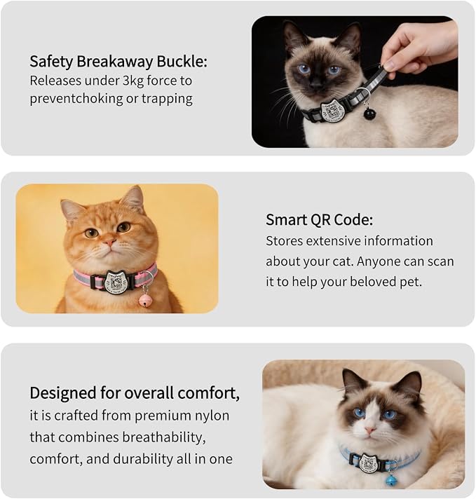 Breakaway Cat Collar with QR Code Tag and Bell (Red & Green) | Reflective Nylon, Quick-Release Buckle